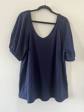 NWT Ava & Viv Navy Blue Eyelet Puff Sleeve Peasant Top 2X Cottagecore Minimalist